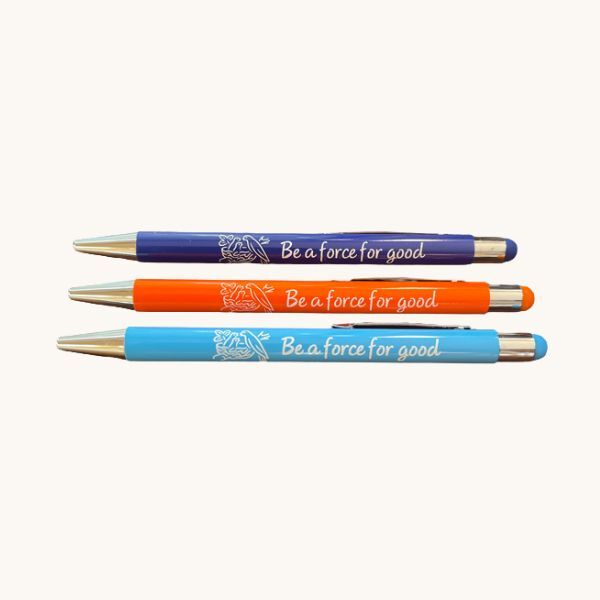 Three pens displaying the phrase 'Be a force for good' in bold lettering.