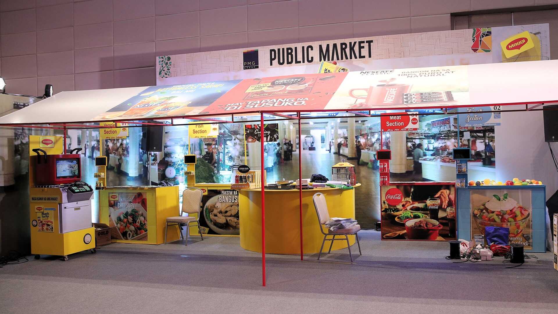 A market booth displaying a sign that says Public Market, inviting visitors to explore retail offerings.